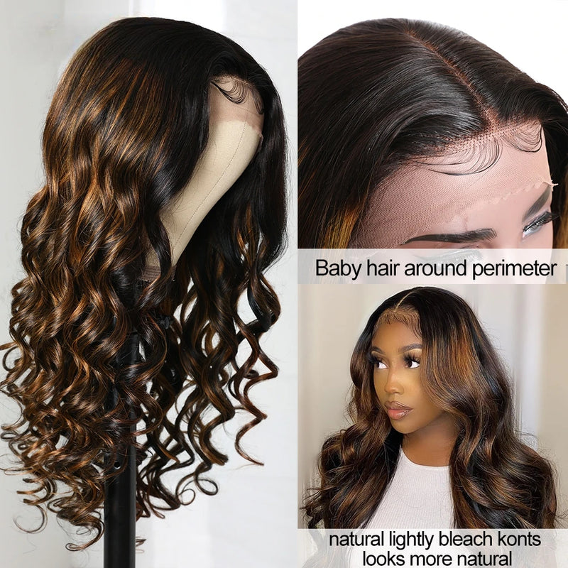 Ombre Highlight Brown With Dark Roots Balayage Body Wave 13x4 HD