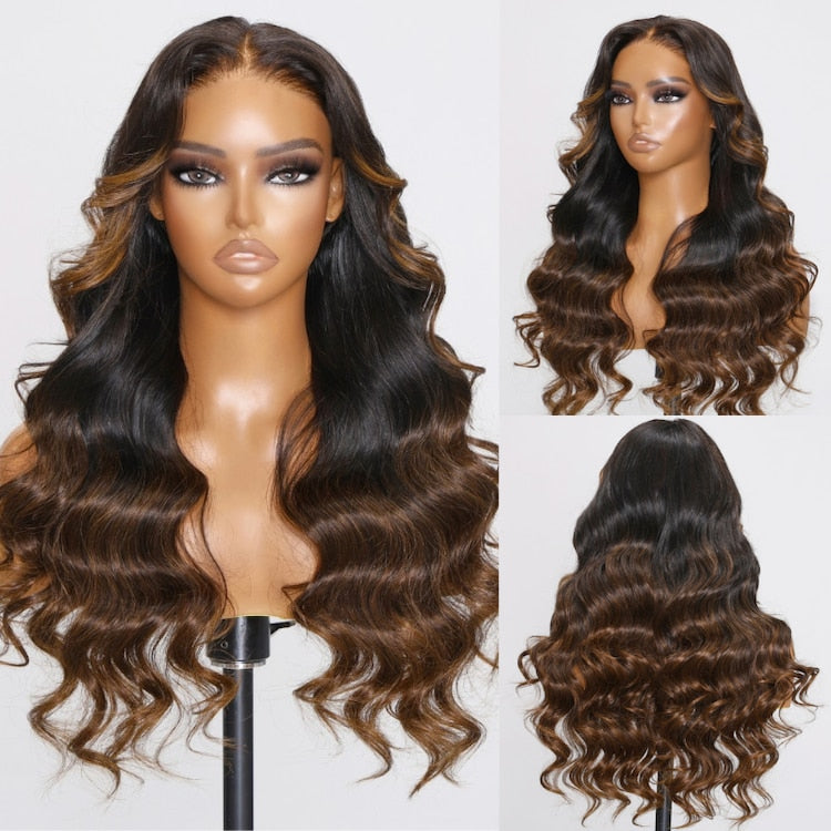 Klaiyi Bye Bye Knots Wig 7x5 Glueless Lace Black to Chestnut Brown Ombre Loose Wave Wig With Bleached Knots