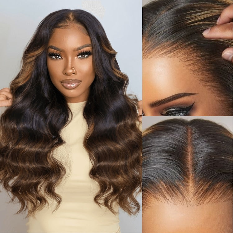 Klaiyi Bye Bye Knots Wig 7x5 Glueless Lace Black to Chestnut Brown Ombre Loose Wave Wig With Bleached Knots