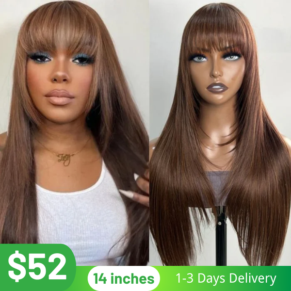 Klaiyi Mocha Brown Bone Straight Wig With Bang Machine Made Human Hair Flash Sale