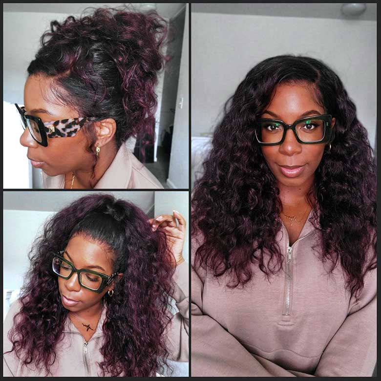 Klaiyi Dark Plum Color 13x4 Water Wave Pre-Everything™ Lace Frontal Wig with Dark Roots Glueless Wig