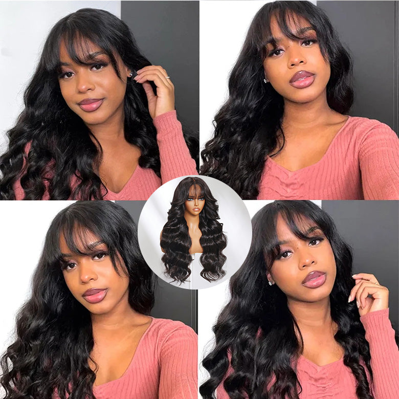 Klaiyi 13x4 3D Fluffy Body Wave Lace Frontal Wig with Bangs & Layers Pre everything Put on and Go Human Hair Wigs