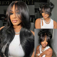 Klaiyi 13x4 3D Fluffy Body Wave Lace Frontal Wig with Bangs & Layers Pre everything Put on and Go Human Hair Wigs