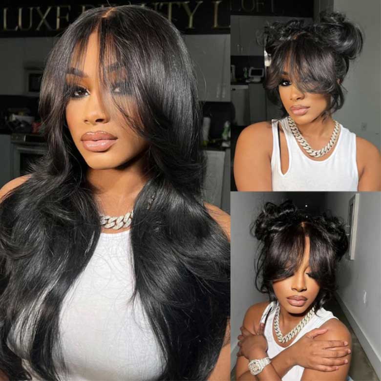 Klaiyi 13x4 3D Fluffy Body Wave Lace Frontal Wig with Bangs & Layers Pre everything Put on and Go Human Hair Wigs