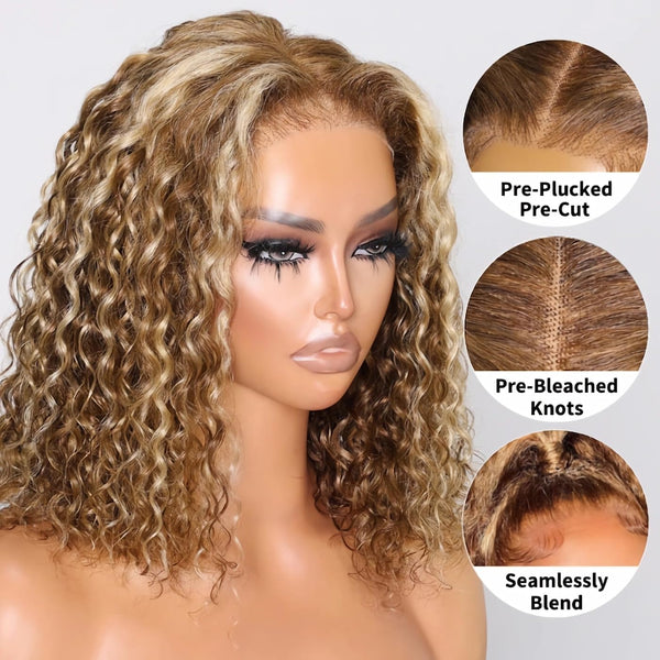 Klaiyi 80% Off Super Sale Honey Blonde Highlight Water Wave Bob Wig 7x5 Bye Bye Knots Put On and Go Wigs Flash Sale