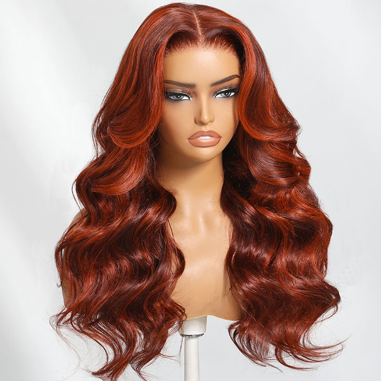 Klaiyi Red Orange Highlights Wig with Face Framing Layers 7x5 Bye-Bye Knots Loose Wave Wig Human Hair