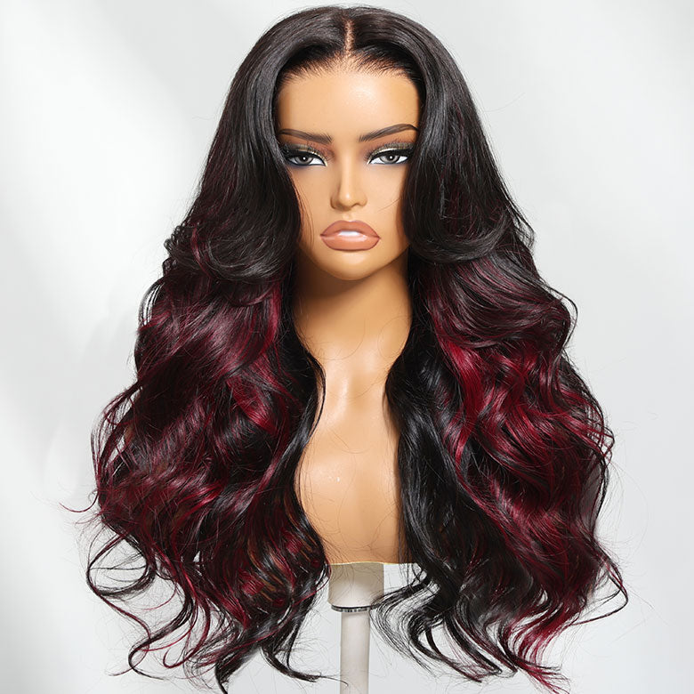 Klaiyi Burgundy Highlights Wig with Face Framing Layers  7x5 Bye-Bye Knots Loose Wave Lace Wig Human Hair