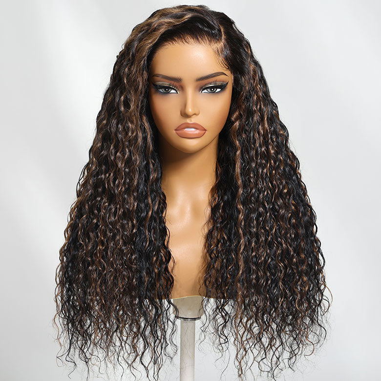 Klaiyi 7x5 Golden Brown Highlight  Water Wave Bye Bye Knots Lace Closure Wig 150% Density