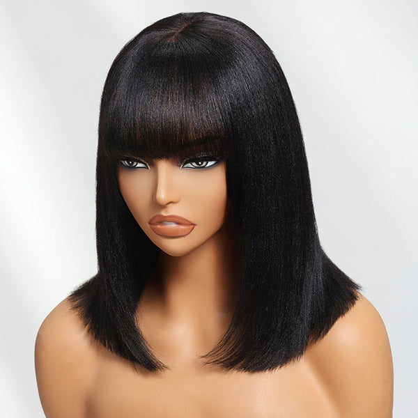 Klaiyi Yaki Straight Bob Wig with Bang 2x4 Lace Closure Wig Beginner Friendly Human Hair Wig Flash Sale