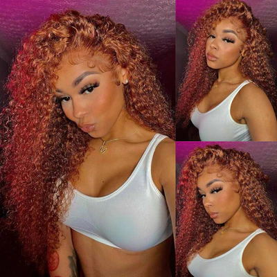 9500 Points| Medium Auburn Jerry Curly Lace Wig Ginger Color Wigs 22" Flash Sale