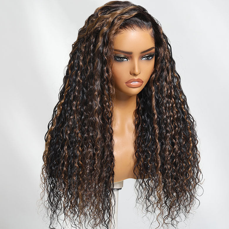 Klaiyi 7x5 Golden Brown Highlight  Water Wave Bye Bye Knots Lace Closure Wig 150% Density