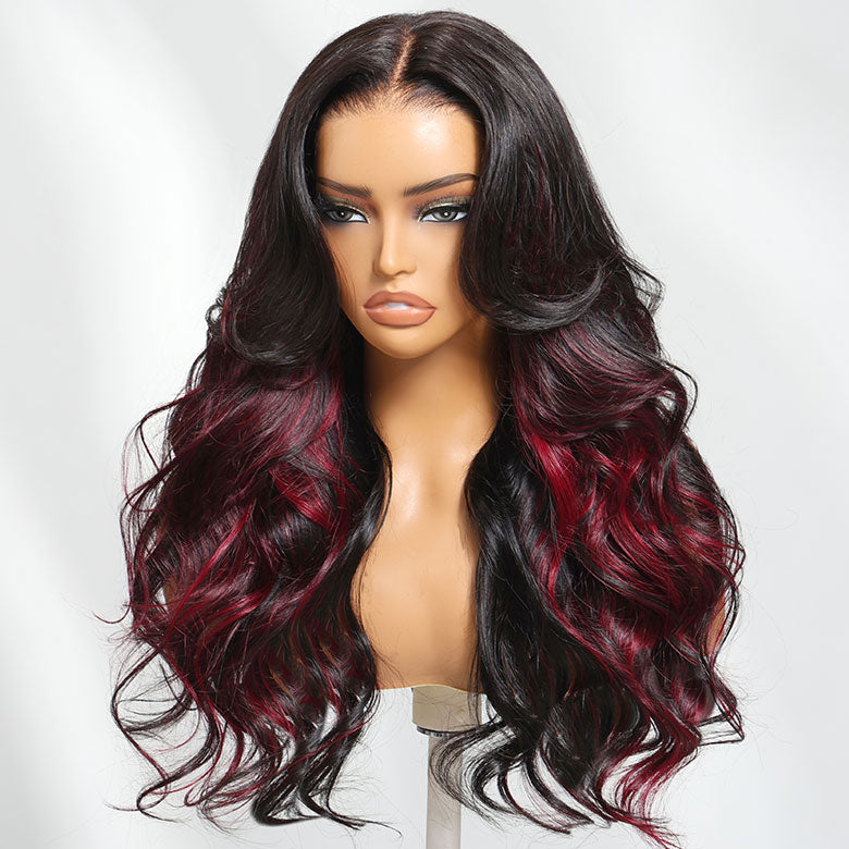 Klaiyi Burgundy Highlights Wig with Face Framing Layers  7x5 Bye-Bye Knots Loose Wave Lace Wig Human Hair