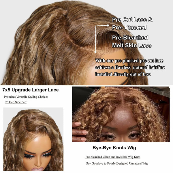 Klaiyi 80% Off Super Sale Honey Blonde Highlight Water Wave Bob Wig 7x5 Bye Bye Knots Put On and Go Wigs Flash Sale