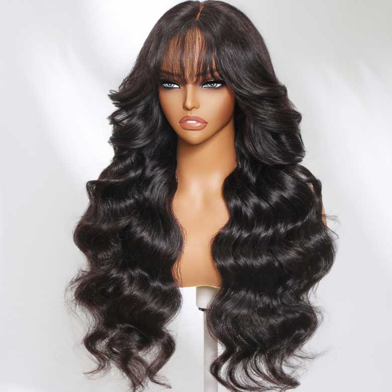 Klaiyi 13x4 3D Fluffy Body Wave Lace Frontal Wig with Bangs & Layers Pre everything Put on and Go Human Hair Wigs