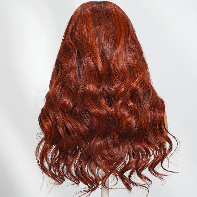 Klaiyi Red Orange Highlights Wig with Face Framing Layers 7x5 Bye-Bye Knots Loose Wave Wig Human Hair