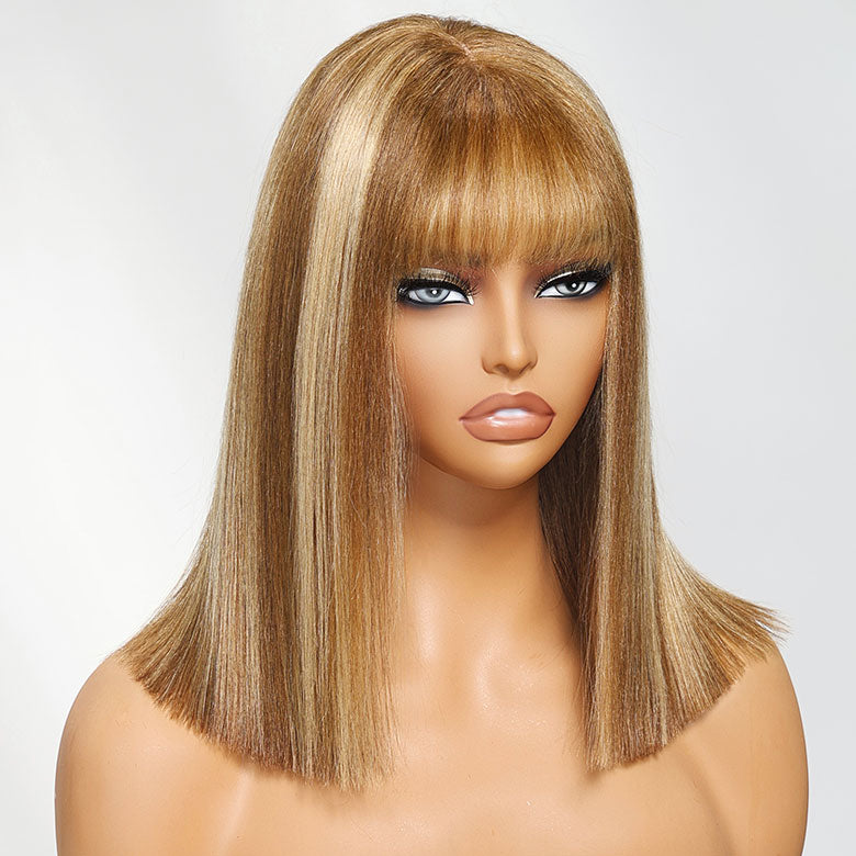 Klaiyi Honey Blonde Highlight Yaki Straight Blunt Cut Bob Wig with Bangs 7x5 Bye-Bye Knots Wig Human Hair