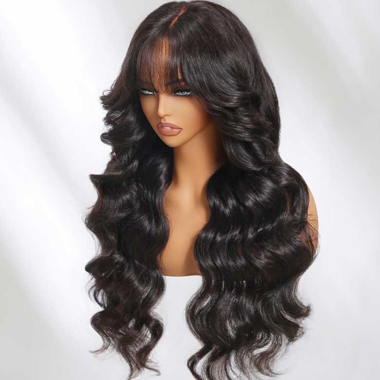 Klaiyi 13x4 3D Fluffy Body Wave Lace Frontal Wig with Bangs & Layers Pre everything Put on and Go Human Hair Wigs