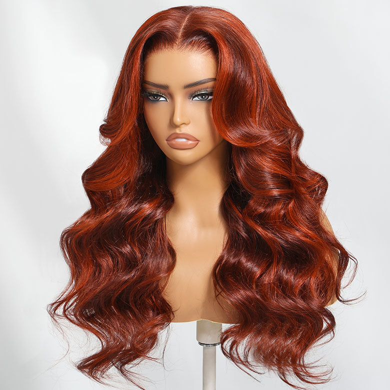 Klaiyi Red Orange Highlights Wig with Face Framing Layers 7x5 Bye-Bye Knots Loose Wave Wig Human Hair