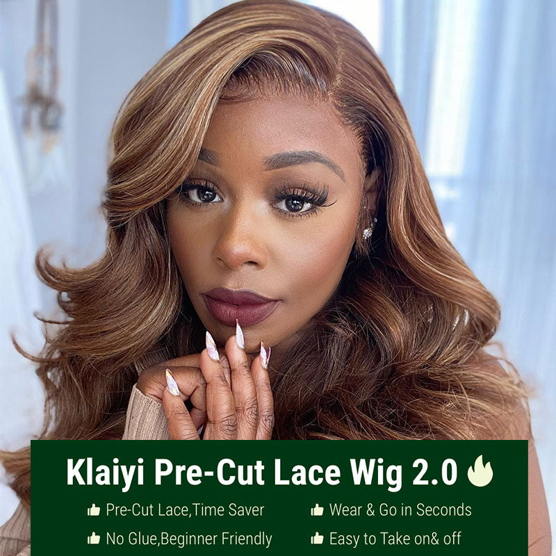 $100 OFF | Code: SAVE100 Klaiyi Highlight Blonde Body Wave Human Hair 7x5 Bye Bye Knots Glueless Wig Put On and Go