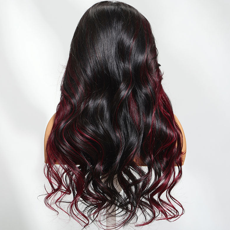 Klaiyi Burgundy Highlights Wig with Face Framing Layers  7x5 Bye-Bye Knots Loose Wave Lace Wig Human Hair