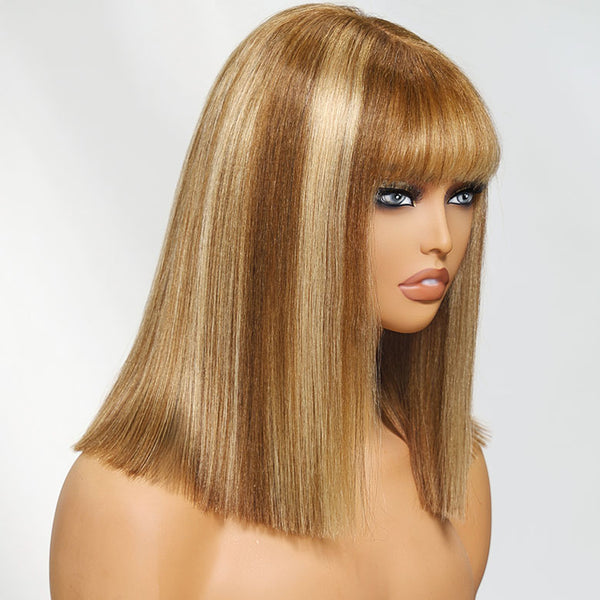 Klaiyi Honey Blonde Highlight Yaki Straight Blunt Cut Bob Wig with Bangs 7x5 Bye-Bye Knots Wig Human Hair