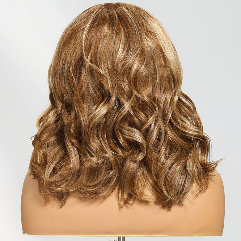 Klaiyi Honey Blonde Highlight Loose Wave Bob Wig with Bangs 7x5 Bye-Bye Knots Wig Human Hair