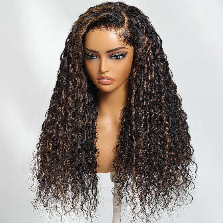 Klaiyi 7x5 Golden Brown Highlight Water Wave Bye Bye Knots Lace Closure Wig 150% Density