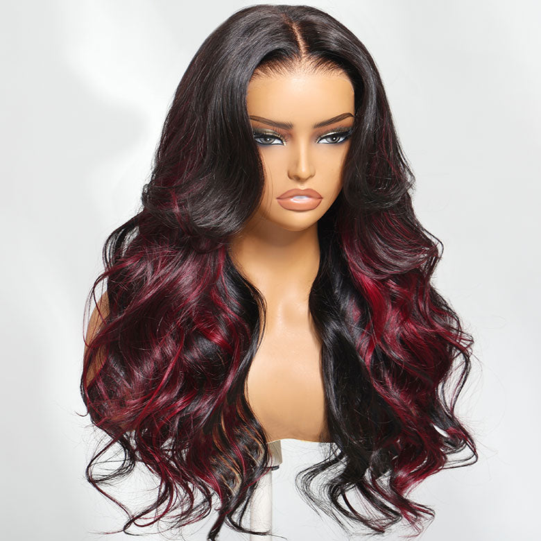 Klaiyi Burgundy Highlights Wig with Face Framing Layers  7x5 Bye-Bye Knots Loose Wave Lace Wig Human Hair