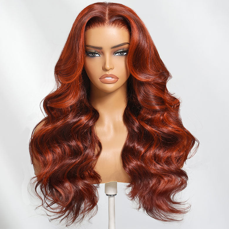 Klaiyi Red Orange Highlights Wig with Face Framing Layers 7x5 Bye-Bye Knots Loose Wave Wig Human Hair