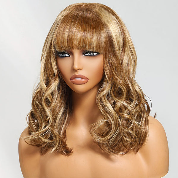 Klaiyi Honey Blonde Highlight Loose Wave Bob Wig with Bangs 7x5 Bye-Bye Knots Wig Human Hair