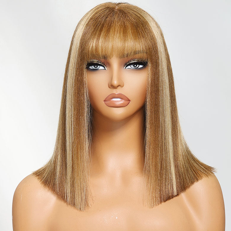 Klaiyi Honey Blonde Highlight Yaki Straight Blunt Cut Bob Wig with Bangs 7x5 Bye-Bye Knots Wig Human Hair