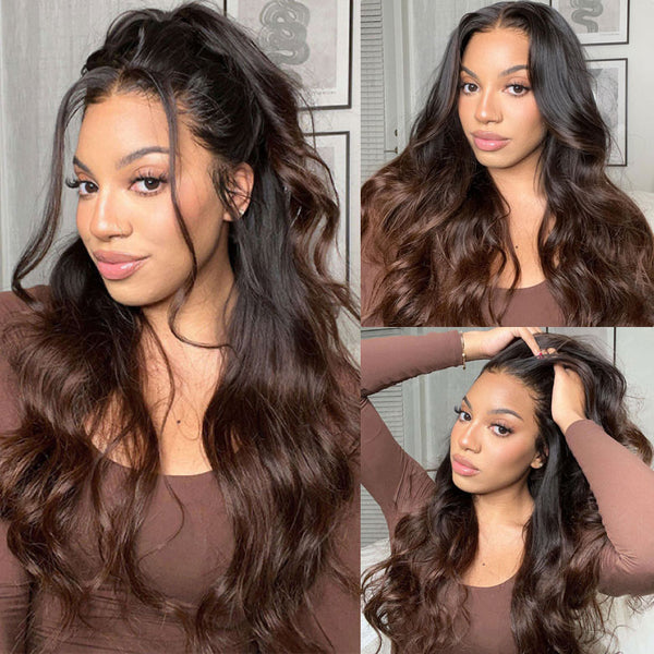 Klaiyi Bye Bye Knots Wig 7x5 Glueless Lace Black to Chestnut Brown Ombre Loose Wave Wig With Bleached Knots Flash Sale