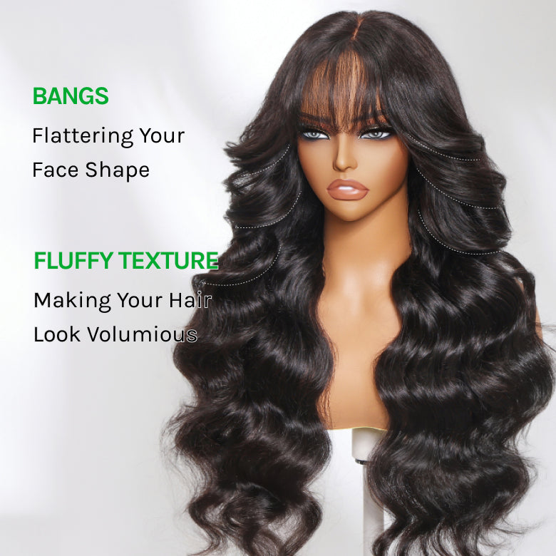 Klaiyi 13x4 3D Fluffy Body Wave Lace Frontal Wig with Bangs & Layers Pre everything Put on and Go Human Hair Wigs