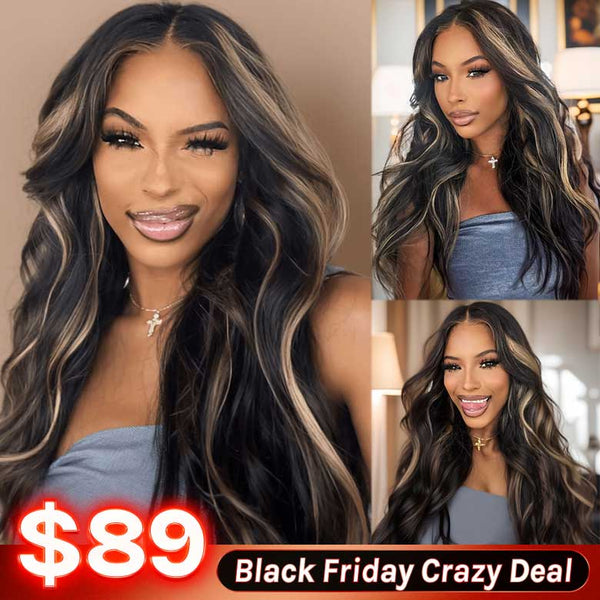 Klaiyi 7x5 Glueless Lace Put On and Go Pre-cut Lace  Natural Color With Peek A Boo Blonde Highlights Body Wave Wig Flash Sale