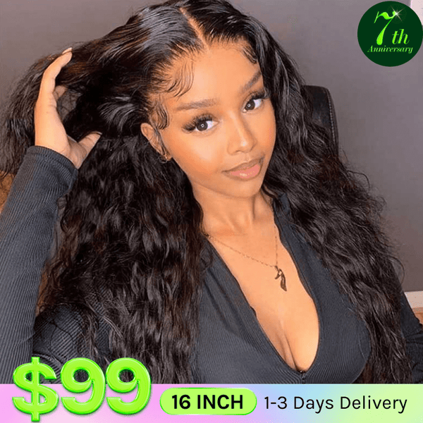 Flash Sale Klaiyi 7x5 Bye Bye Knots Pre-cut Lace Put On and Go Glueless Wig Water Wave Human Hair Wigs