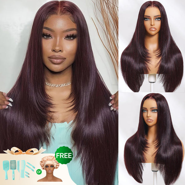 Klaiyi 7x5 Bye Bye Knots Black Cherry Color Layered Cut Straight Lace Frontal Wig 13x4 Pre-Everything Wig Flash Sale