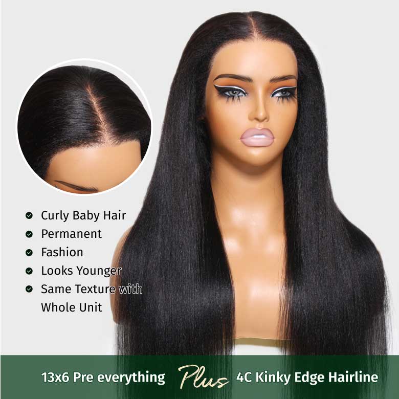 Klaiyi 13x6 Yaki Straight Pre Everything Wig with 4C Kinky Edges Put on & Go Glueless Wig Larger Lace