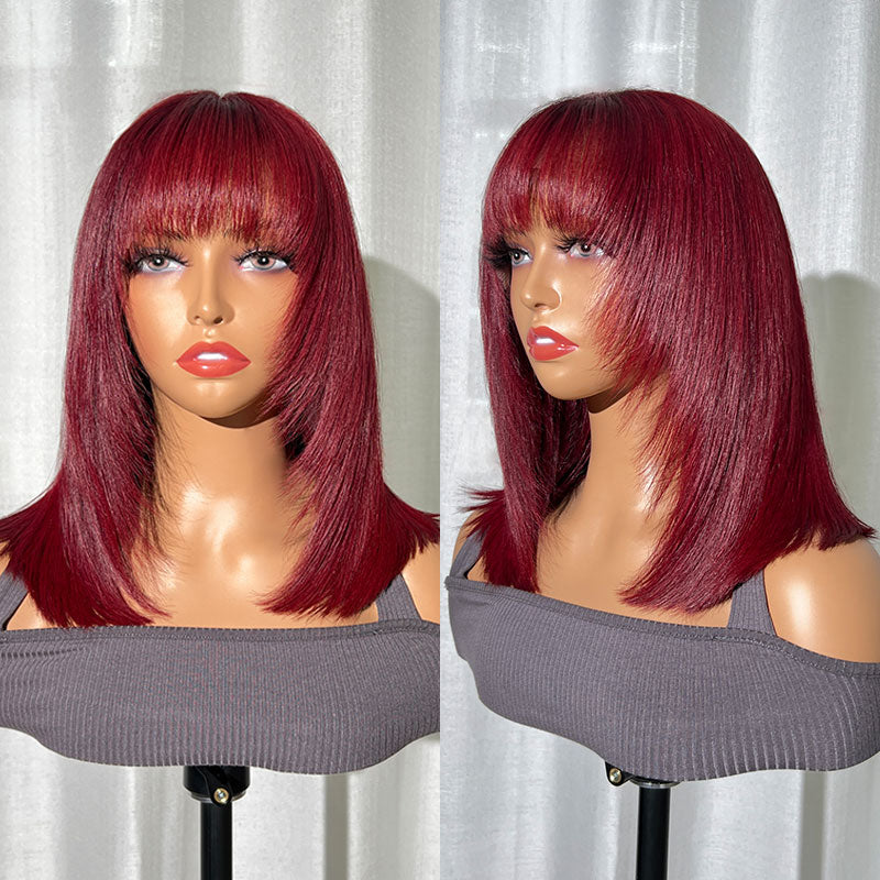 $179 Get 2 Wigs | 180% Density 7x5 Pre-Everything Kinky Straight Wig + 180% Density 13x4 Lace Front Wig Burgundy Bob Wig With Bangs With Layers Flash Sale