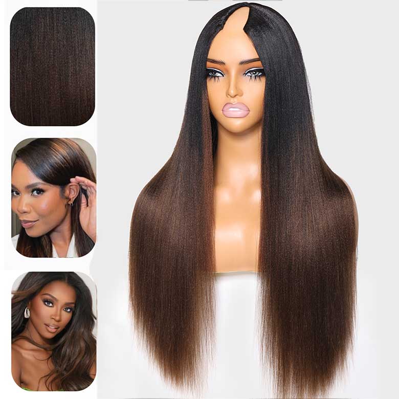 Klaiyi Yaki Straight EasiContour V Part Wigs Human Hair Ombre Chestnut Brown Color Clip in No Sew in No Glue Upgrade U Part Human Hair Wig