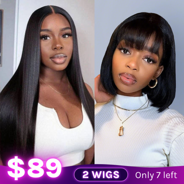 $89 Get 2 Wigs |  Klaiyi Bogo Free Buy 1 Get 2 Wigs 180% Density Lace Part Straight Wig And Glueless Bob Wig With Bangs Flash Sale