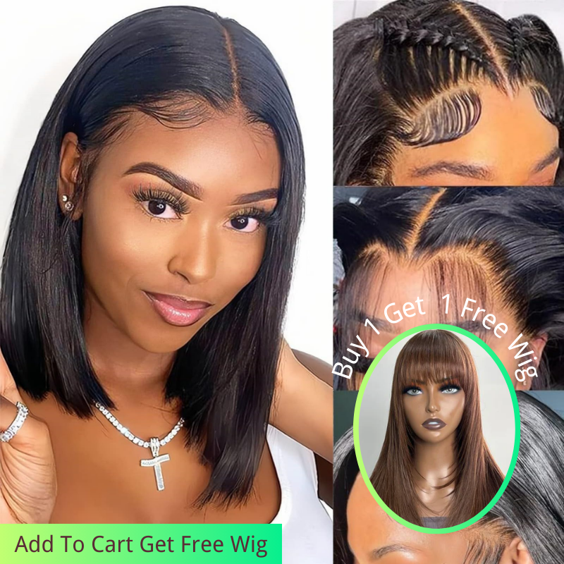 Buy 1 Get 1 Free | Klaiyi T Part Short Straight Human Hair Bob Wigs Middle Part Pre-plucked Flash Sale