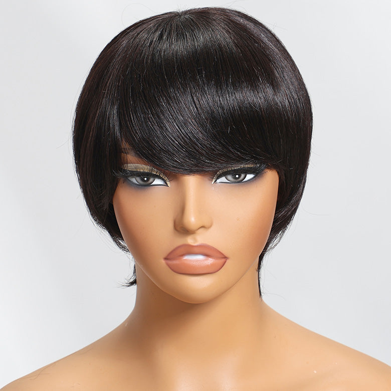 Klaiyi Short Bob Wigs with Bang Pixie Cut Human Hair Wig Machine Made Natural Black Color Glueless Human Hair Wig Flash Sale