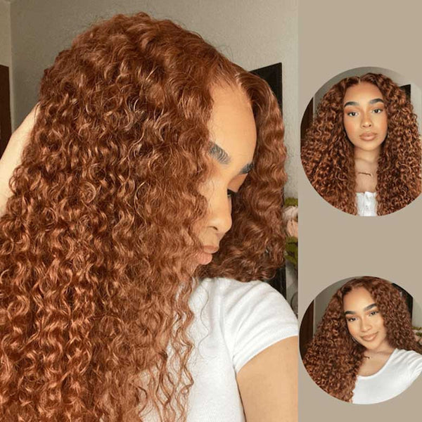 $100 Off Full $101 | Code: SAVE100 Klaiyi Medium Auburn Brown Colored Jerry Curly Lace Front Wigs Virgin Human Hair Ginger Color Wigs