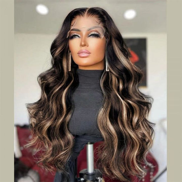 Extra 50% Off Code HALF50 | Klaiyi 7x5 Natural Color With Peek A Boo Blonde Highlights Body Wave Wig with Baby Hair Put on and go Glueless WIg