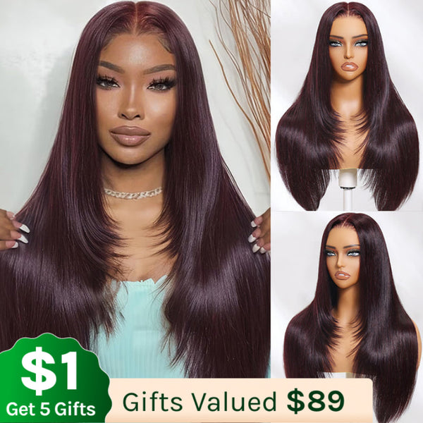 Klaiyi 7x5 Bye Bye Knots Black Cherry Color Layered Cut Straight Lace Frontal Wig 13x4 Pre-Everything Wig Flash Sale