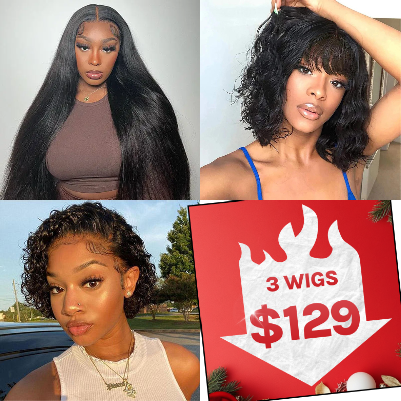 $129 Get 3 Wigs |  Natural Color Straight Lace Part Wig 180% Density + Bouncy Curly Short Bob Wig + Short Pixie Cut Lace Front Bob Wigs Flash Sale