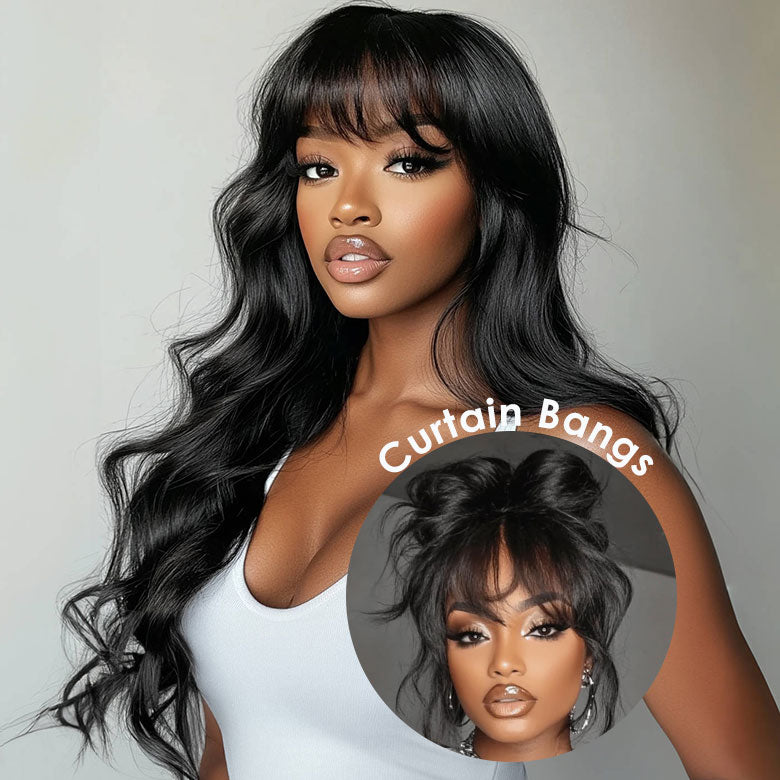 Klaiyi 13x4 3D Fluffy Body Wave Lace Frontal Wig with Curtain Bangs & Layers Pre everything Put on and Go Human Hair Wigs