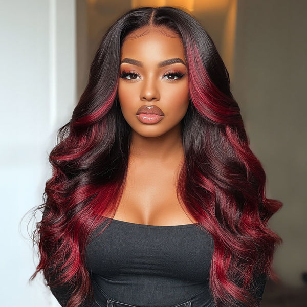 Klaiyi Burgundy Highlights Wig with Face Framing Layers  7x5 Bye-Bye Knots Loose Wave Lace Wig Human Hair