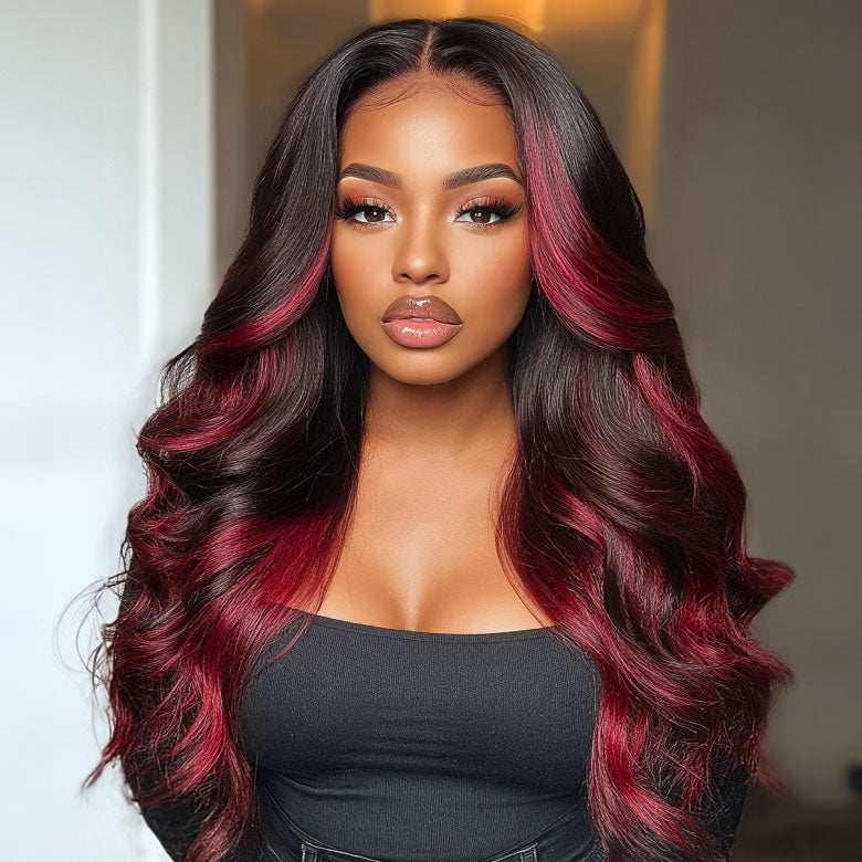 Klaiyi Burgundy Highlights Wig with Face Framing Layers  7x5 Bye-Bye Knots Loose Wave Lace Wig Human Hair