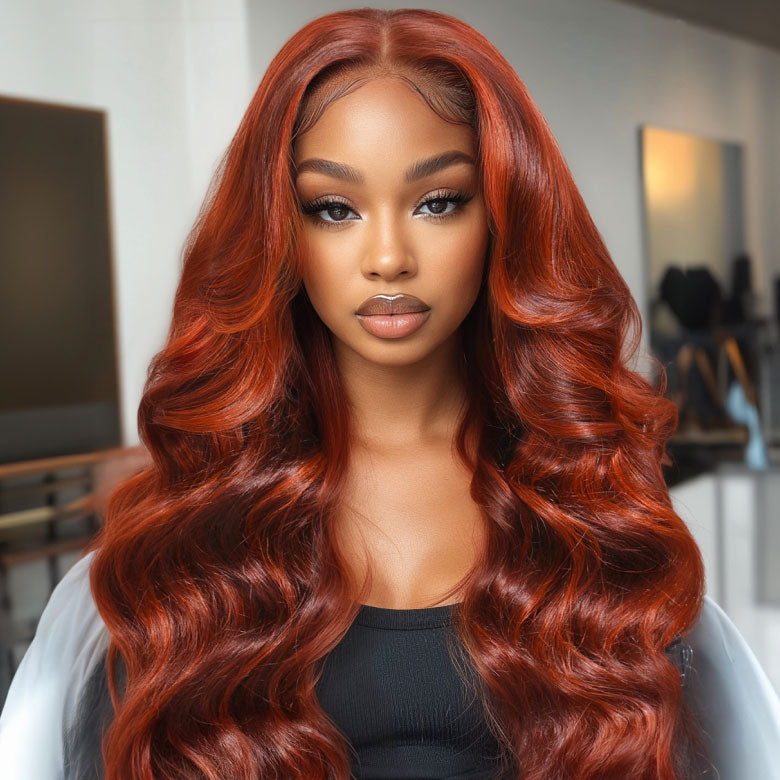 Klaiyi Red Orange Highlights Wig with Face Framing Layers 7x5 Bye-Bye Knots Loose Wave Wig Human Hair